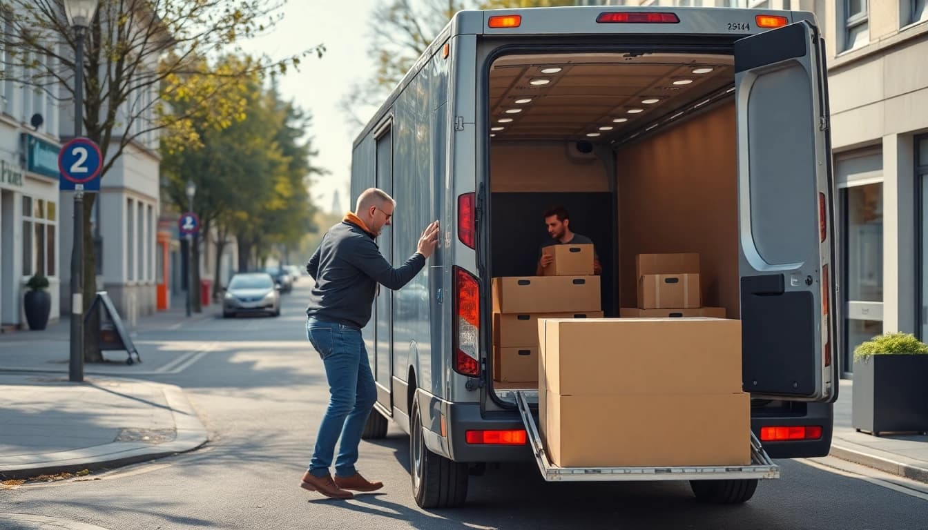 Umzugsunternehmen Wermelskirchen: Ein zuverlässiger Umzugshelfer packt Kartons in einen Umzugswagen.