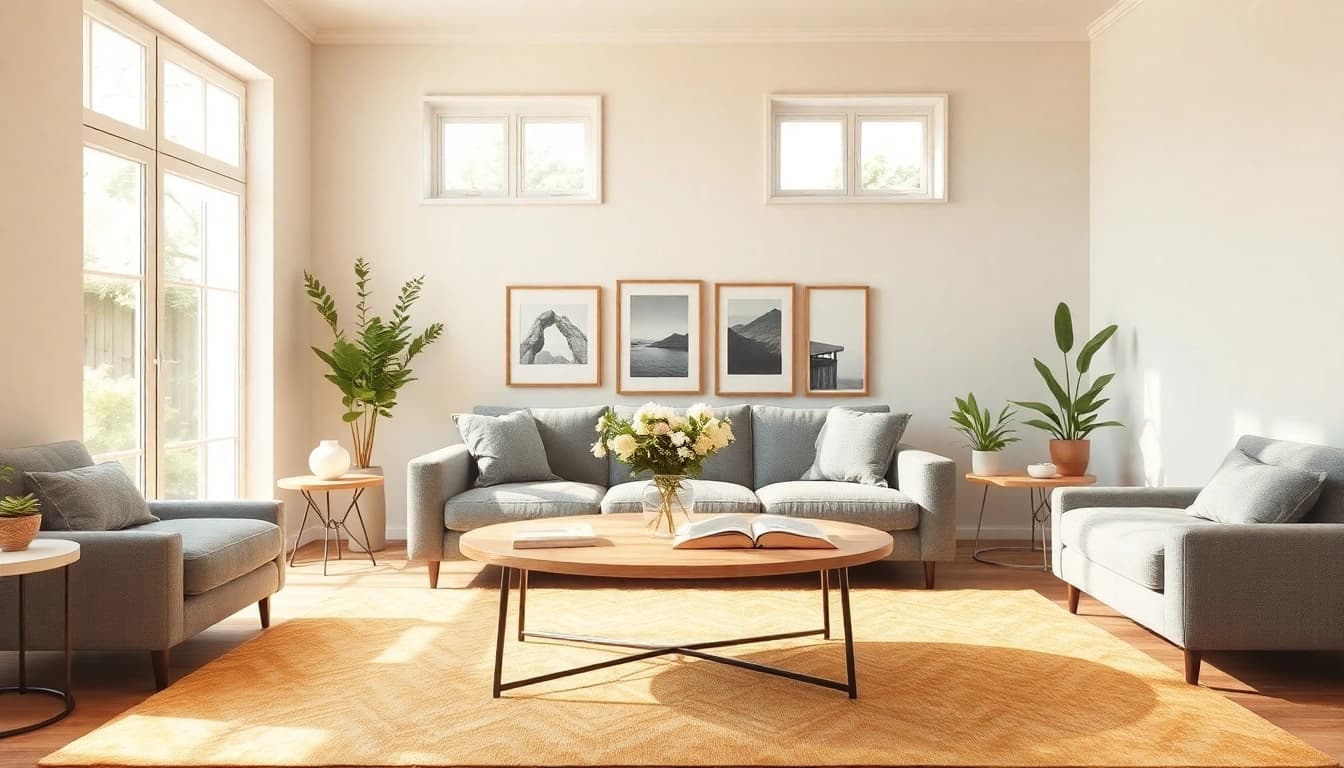 Stimmungsvolle Raumgestaltung in einem modernen Wohnzimmer mit hellen Farben und eleganten Möbeln.