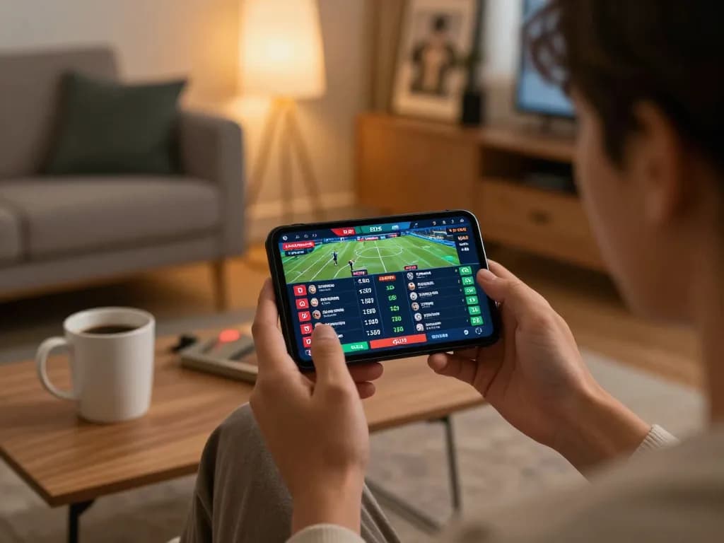Engaging in live betting on Trang chủ SC88 using a mobile device in a cozy living room.