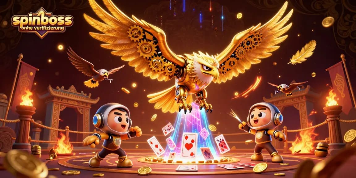 Das Bild zeigt spinboss ohne Verifizierung mit einem cybernetischen goldenen Adler in einem aufregenden Casino-Szenario.