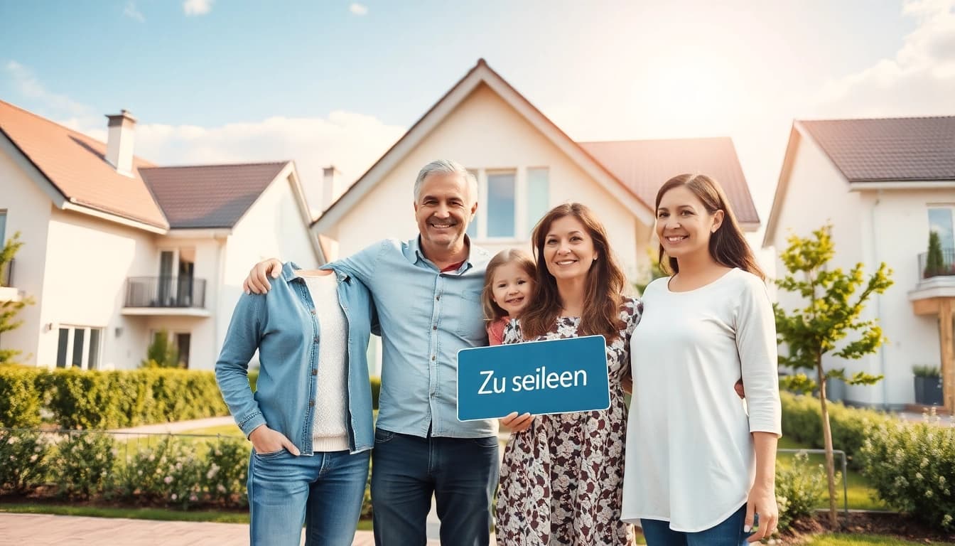 Familie feiert ihren Hauskauf vor einem neuen Zuhause, symbolisiert Freude und neue Anfänge.