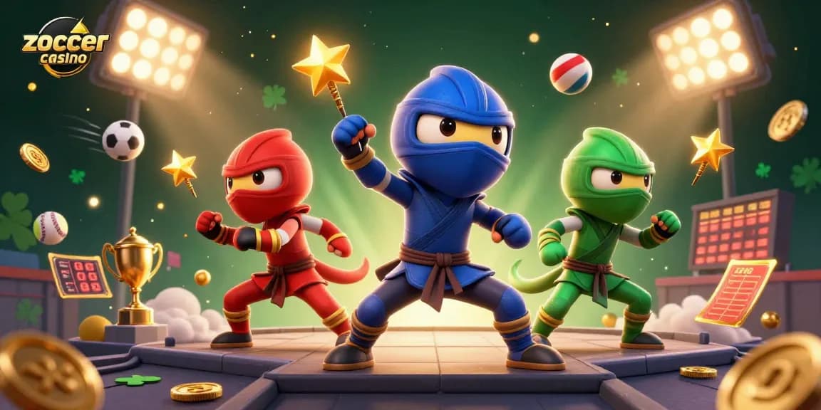Zoccer Casino showcases a thrilling atmosphere with dynamic 3D characters and sports elements in an exciting scene.