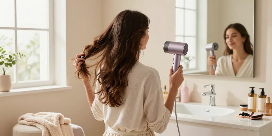 Woman drying her hair with a compact hair dryer in a cozy bathroom.