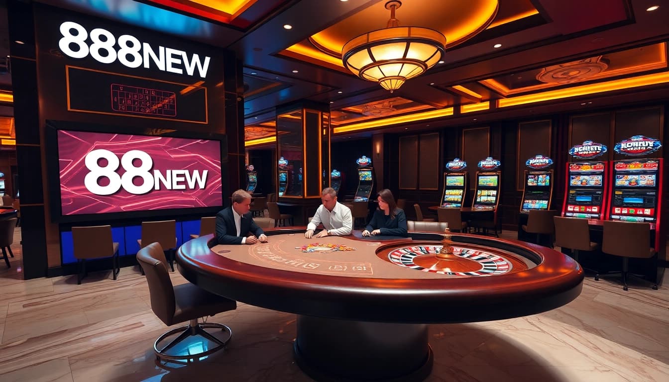 Players enjoying luxury gaming at an 888NEW casino, featuring poker and vibrant slot machines.