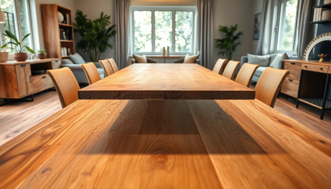 Massiver Eiche Esstisch mit Baumkante in einem modern eingerichteten Esszimmer.