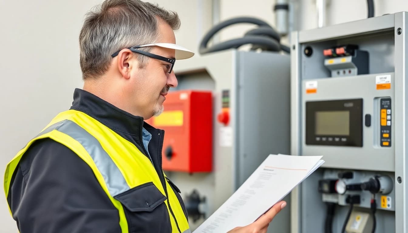 Techniker führt eine DGUV V3 Prüfung an elektrischen Geräten durch, um Sicherheit und Compliance zu gewährleisten.