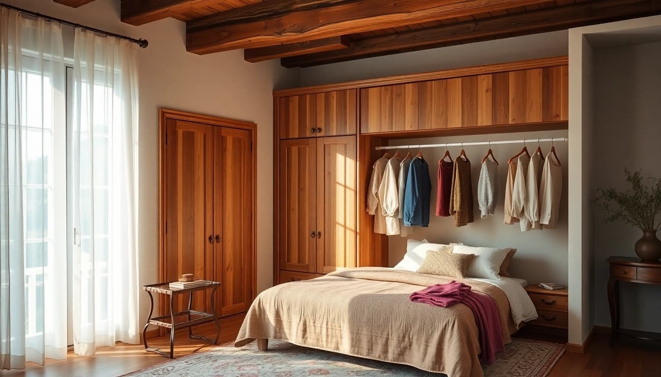 Holz Kleiderbügel in einem eleganten Schlafzimmer, perfekt für die Aufbewahrung von Kleidung.