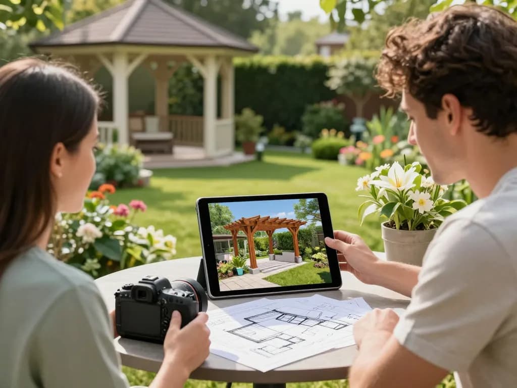 Paar konfiguriert ihr Pergola 3D-Modell in einer Gartenumgebung.