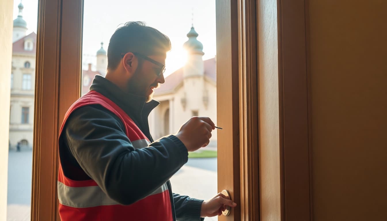 Schlüsseldienst Rastatt öffnet sorgfältig eine Tür mit professionellem Werkzeug.