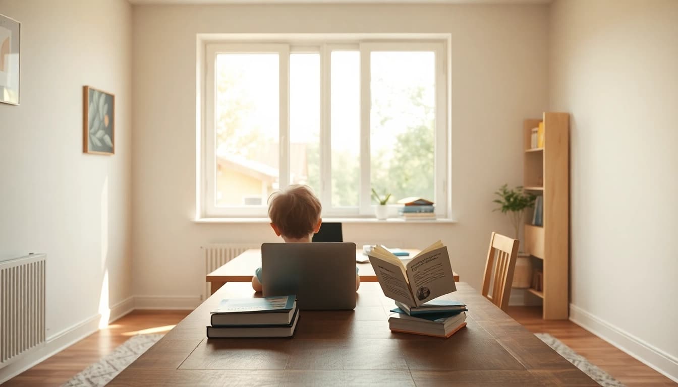 Aktives Lernen im Heimunterricht: Ein Kind studiert in einer einladenden Lernumgebung mit Lehrmaterialien.