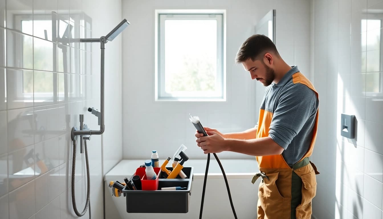 Professioneller Klempner bietet Sanitär Notdienst in einem modernen Badezimmer an.