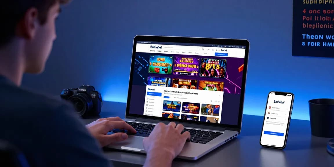 Benutzer im BetLabel Login auf dem Laptop, umgeben von Casino- und Sportwetten-Elementen in einer lebendigen Online-Spielumgebung.