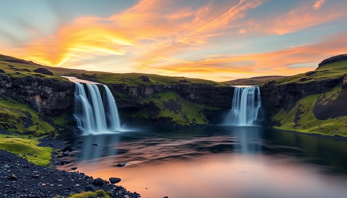Erleben Sie die beeindruckenden Wasserfälle Gullfoss während Ihrer Reise nach Island in einer atemberaubenden Landschaft bei Sonnenuntergang.