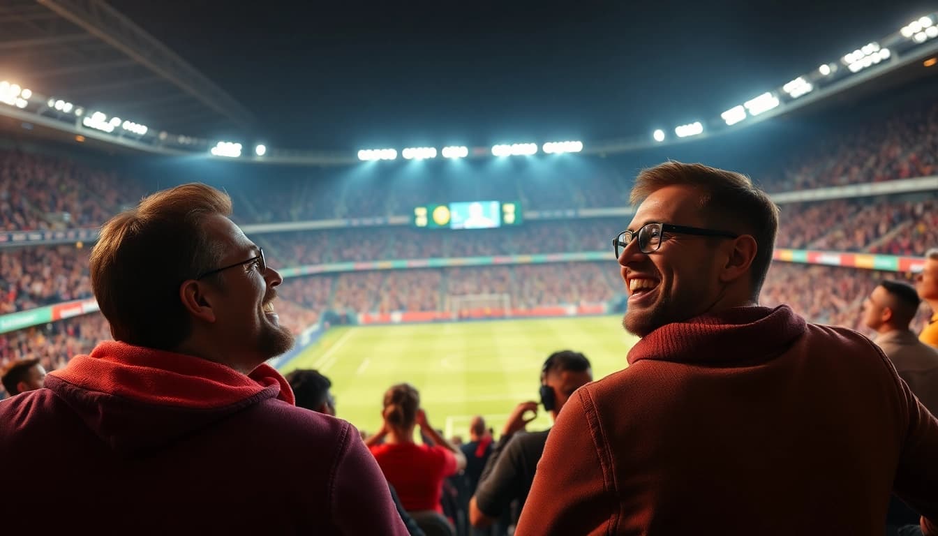Erleben Sie Bitcoin football betting in einer lebhaften Stadionkulisse mit Fans, die auf ein spannendes Fußballspiel setzen.