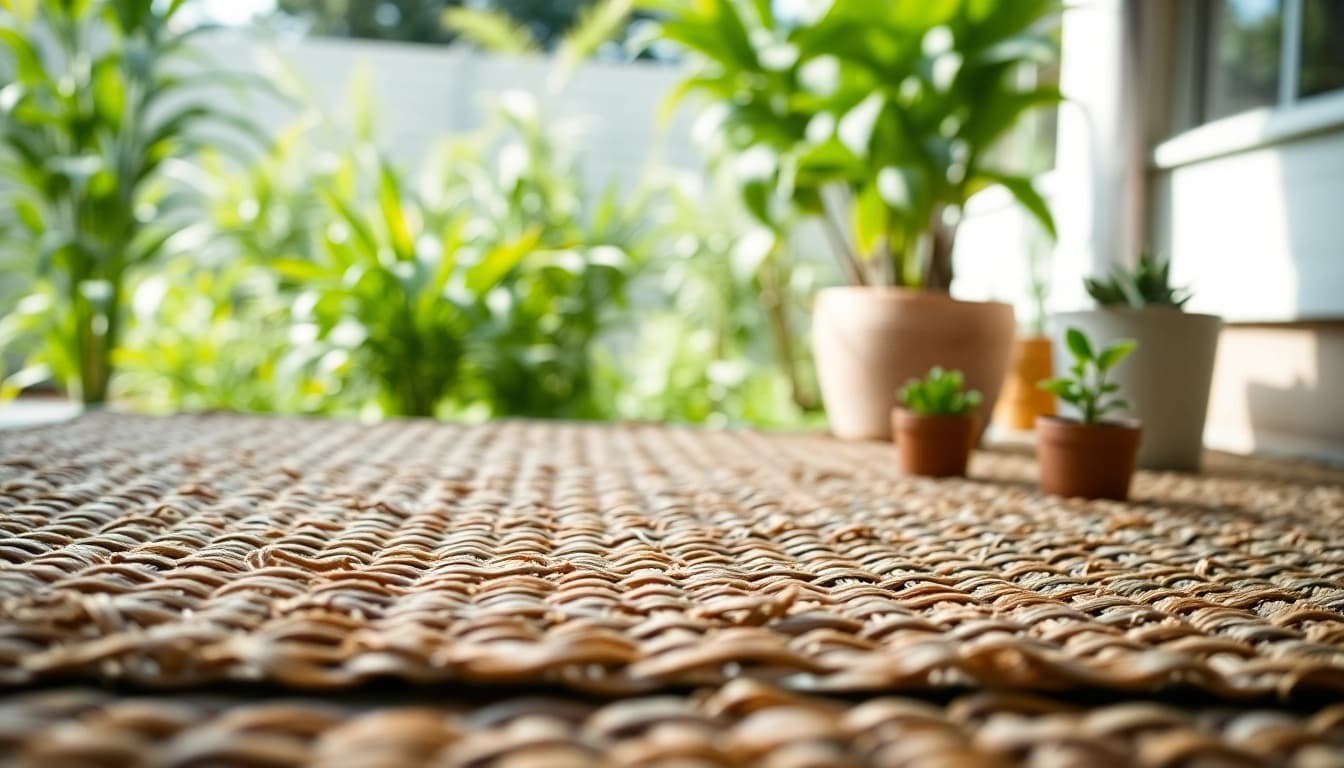 Die Hanfmatte in einem schönen Garten mit sanften Texturen und einem natürlichen Farbton.