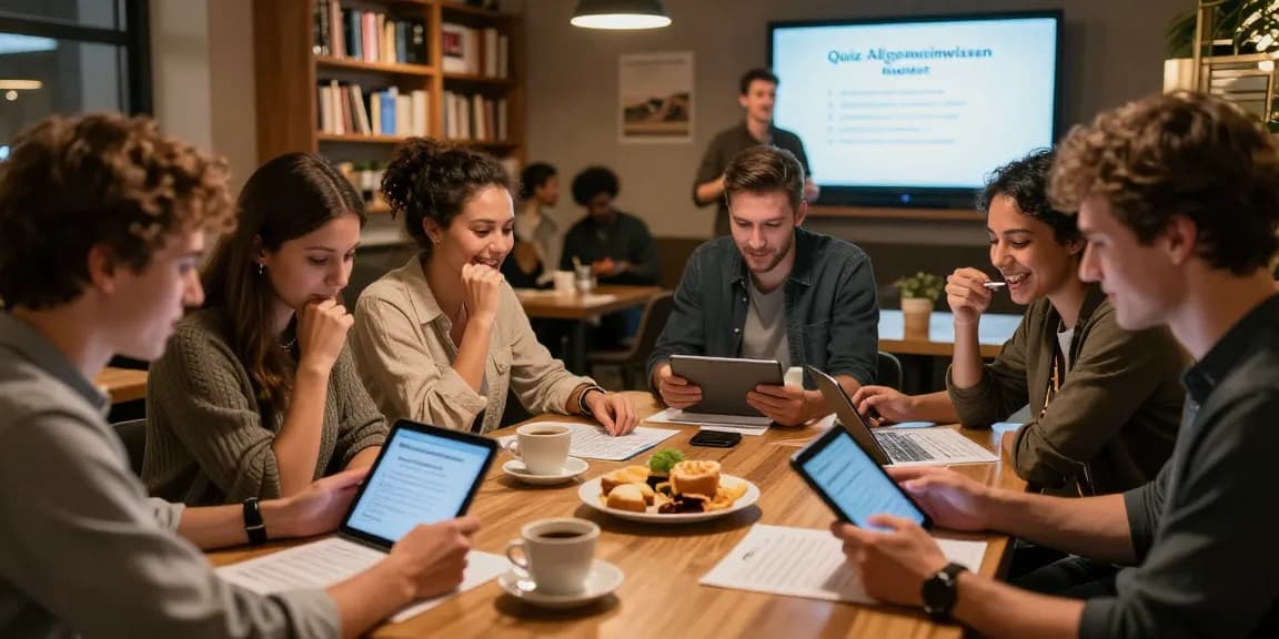 Exciting group quiz competition focusing on Quiz Allgemeinwissen in a cozy cafe.