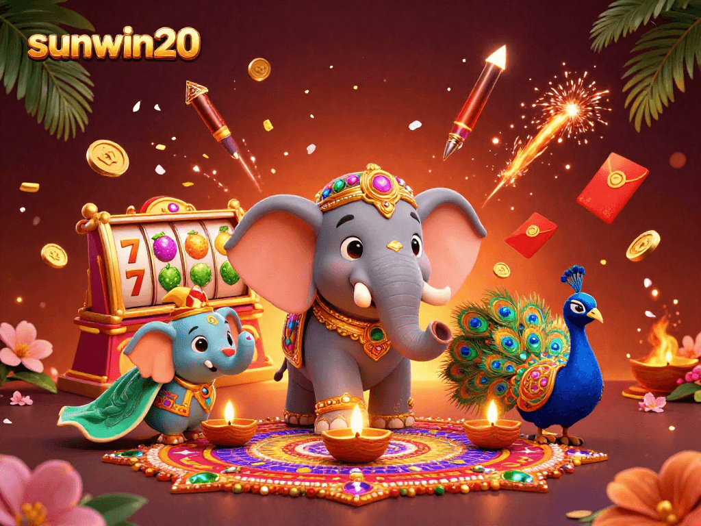 Engage with sunwin20's vibrant theme showcasing slot reels and festive characters in a rich casino atmosphere.