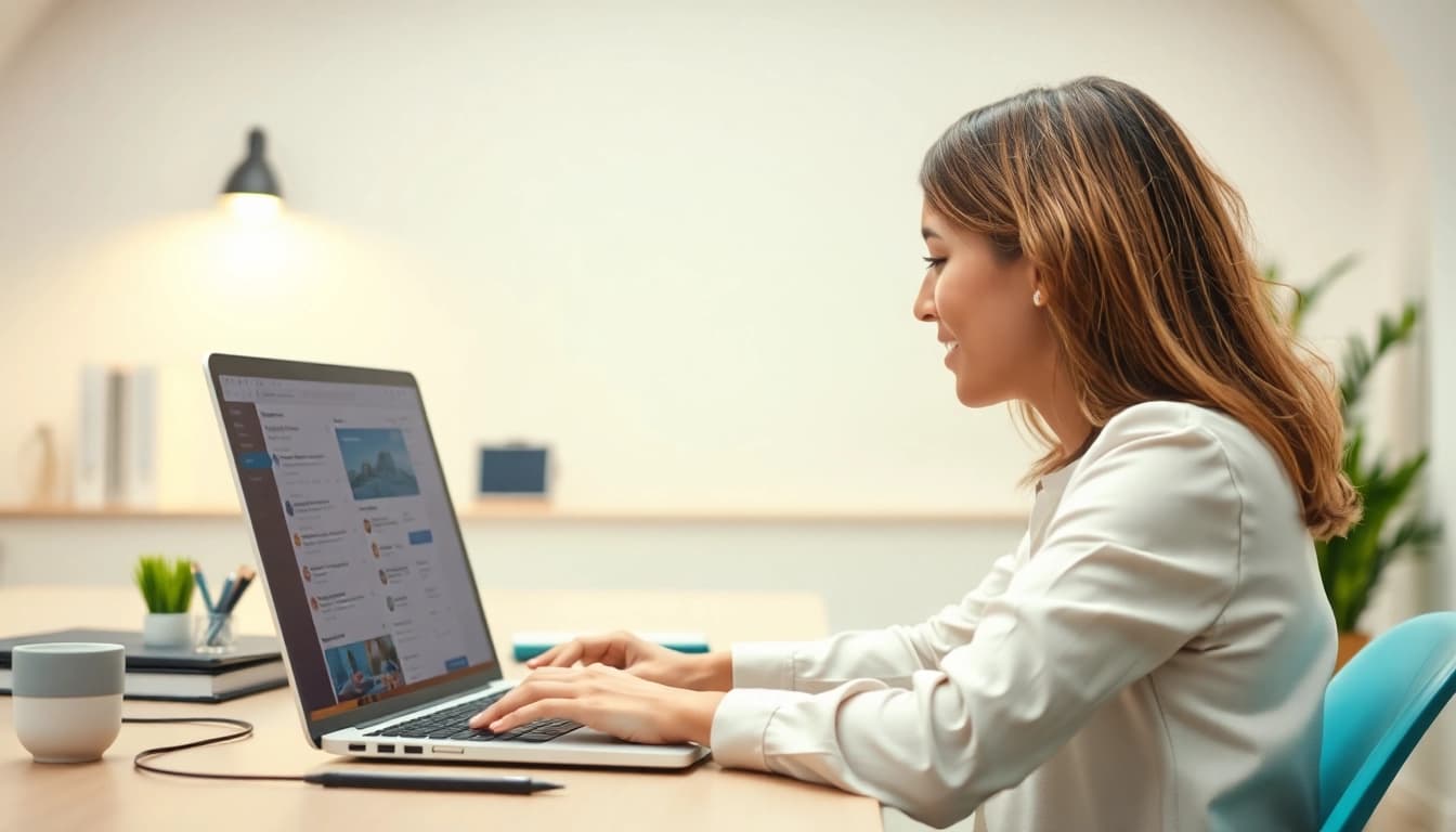 Professionelle Person beim Bewertungen löschen auf ihrem Laptop in einem hellen Arbeitsumfeld.
