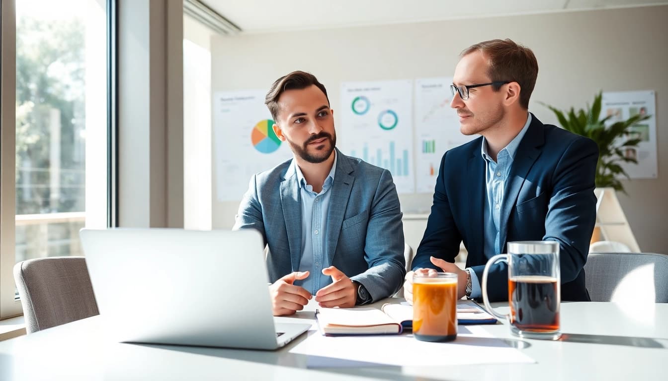 Professioneller Personalberater Vertrieb berät Klienten in modernem Büro über Karrierechancen.