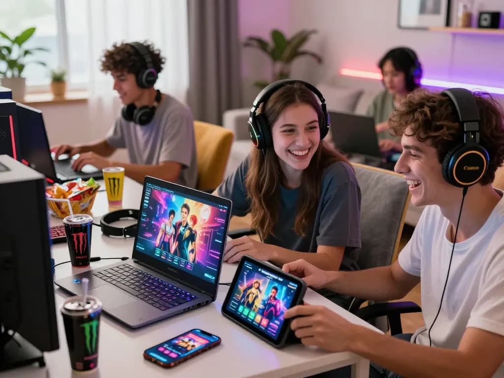 Friends excitedly playing sex games online in a vibrant gaming lounge setting.