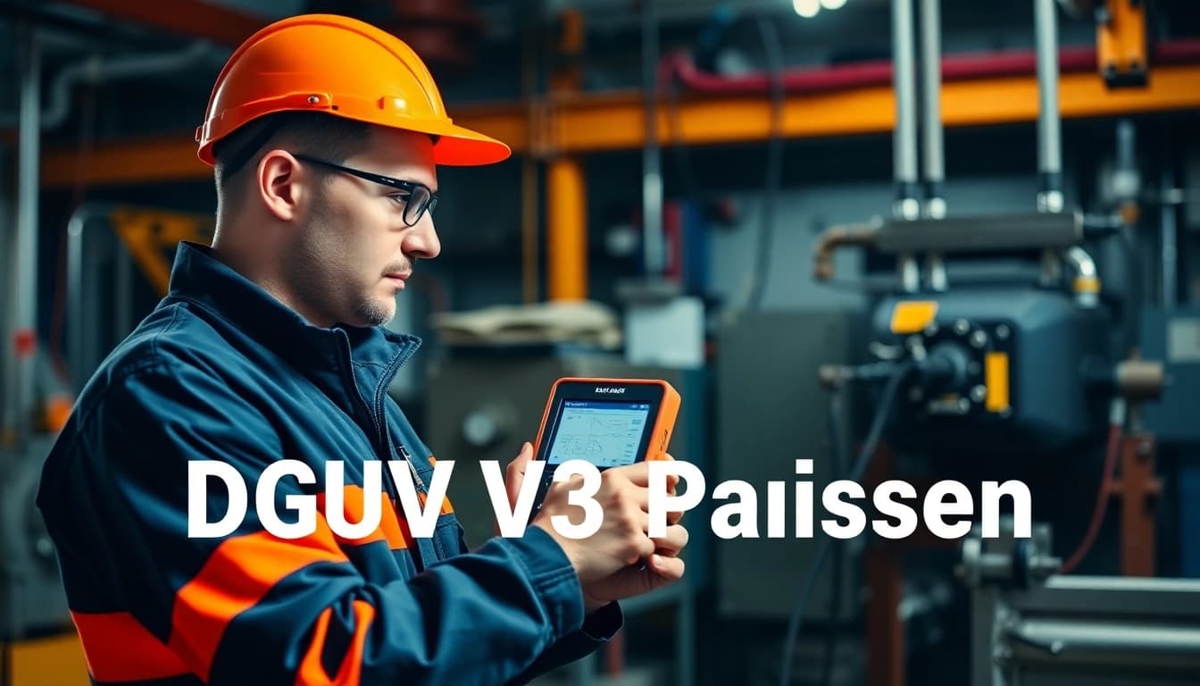 Technician performing a DGUV V3 Prüfung on electrical equipment, showcasing attention to safety and standards.