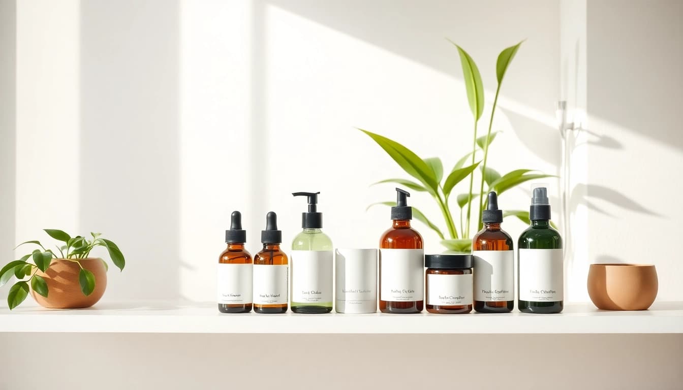 hilma biocare Produkte auf einem eleganten Regal für Gesundheit und Wellness.