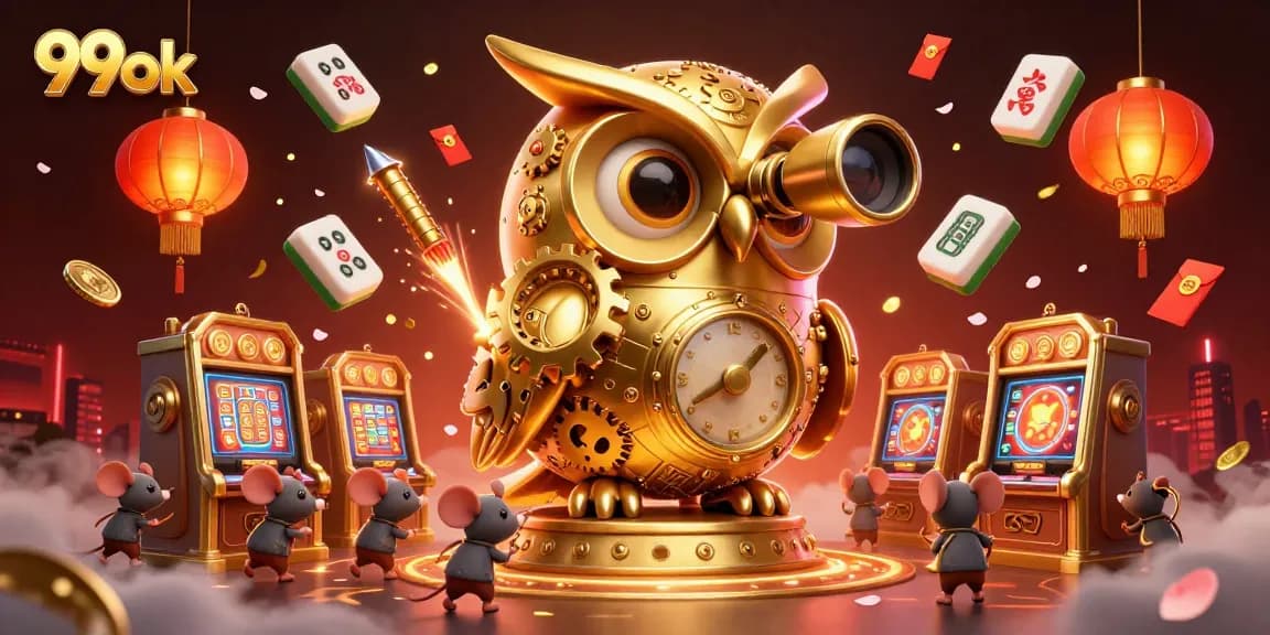 Win big at 99ok with an enchanting 3D golden owl overseeing a vibrant casino scene.