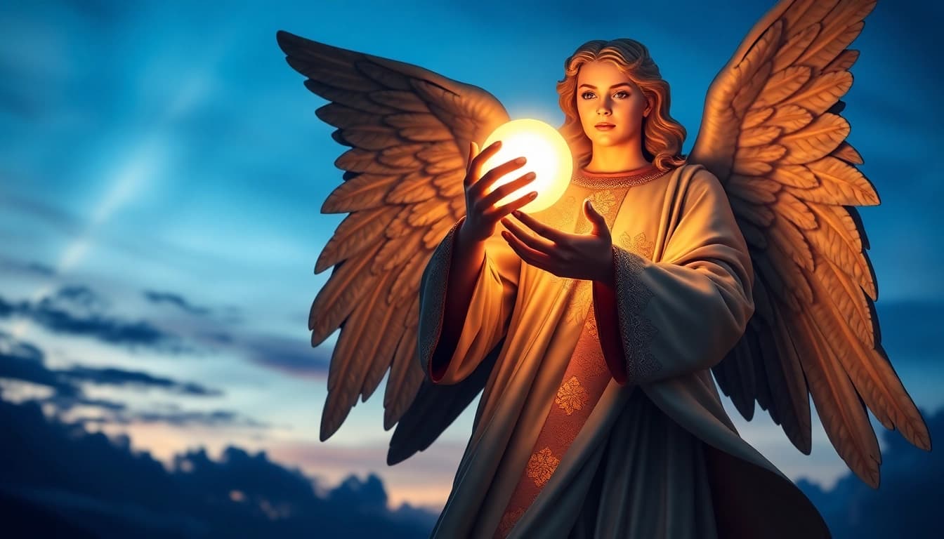 Erzengel Uriel präsentiert Weisheit in seinem strahlenden Lichtorbs, umgeben von einer himmlischen Kulisse.