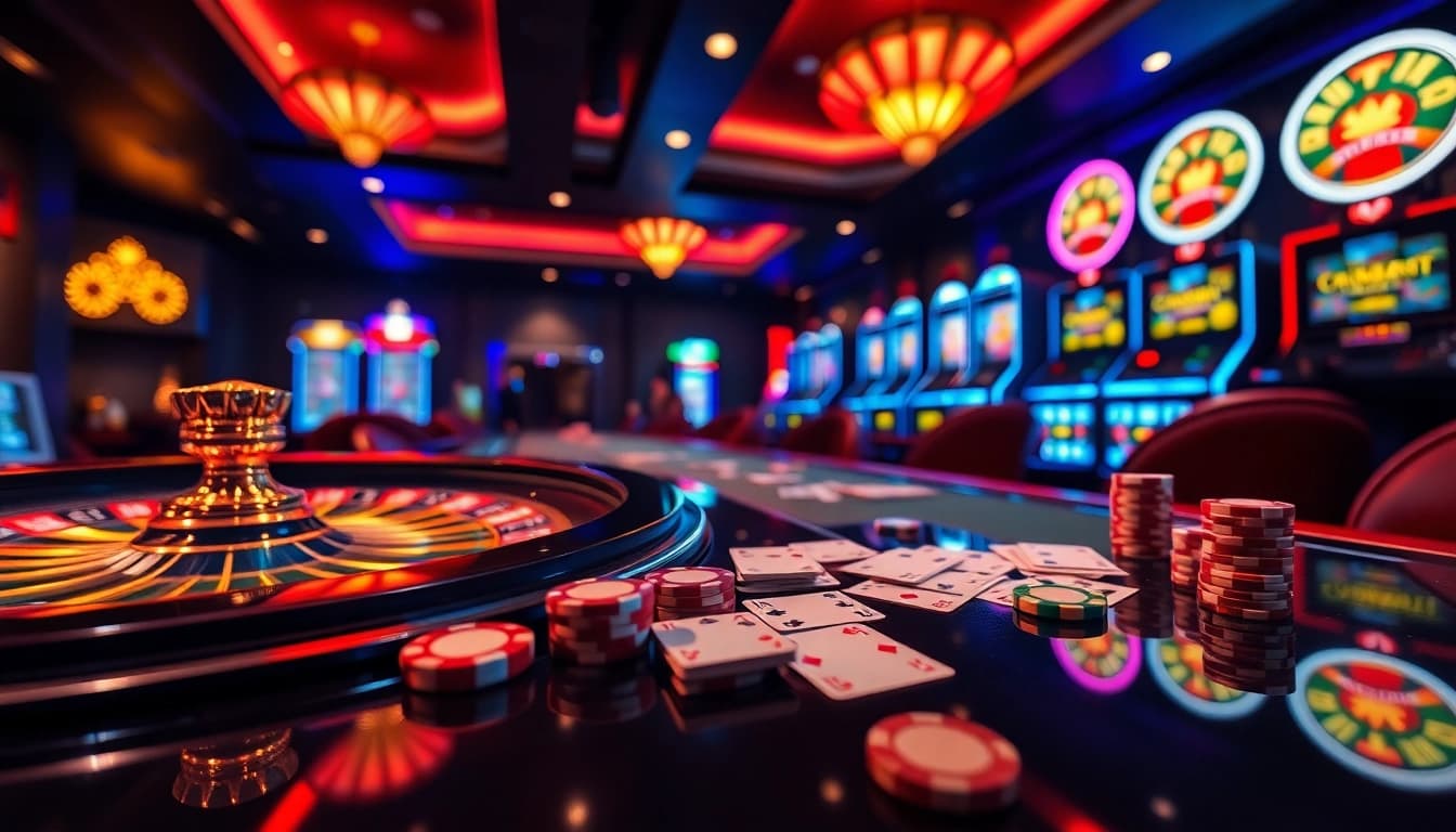 Intense gaming action at Nhà Cái S8 featuring vibrant casino tables and high-stakes gambling elements.