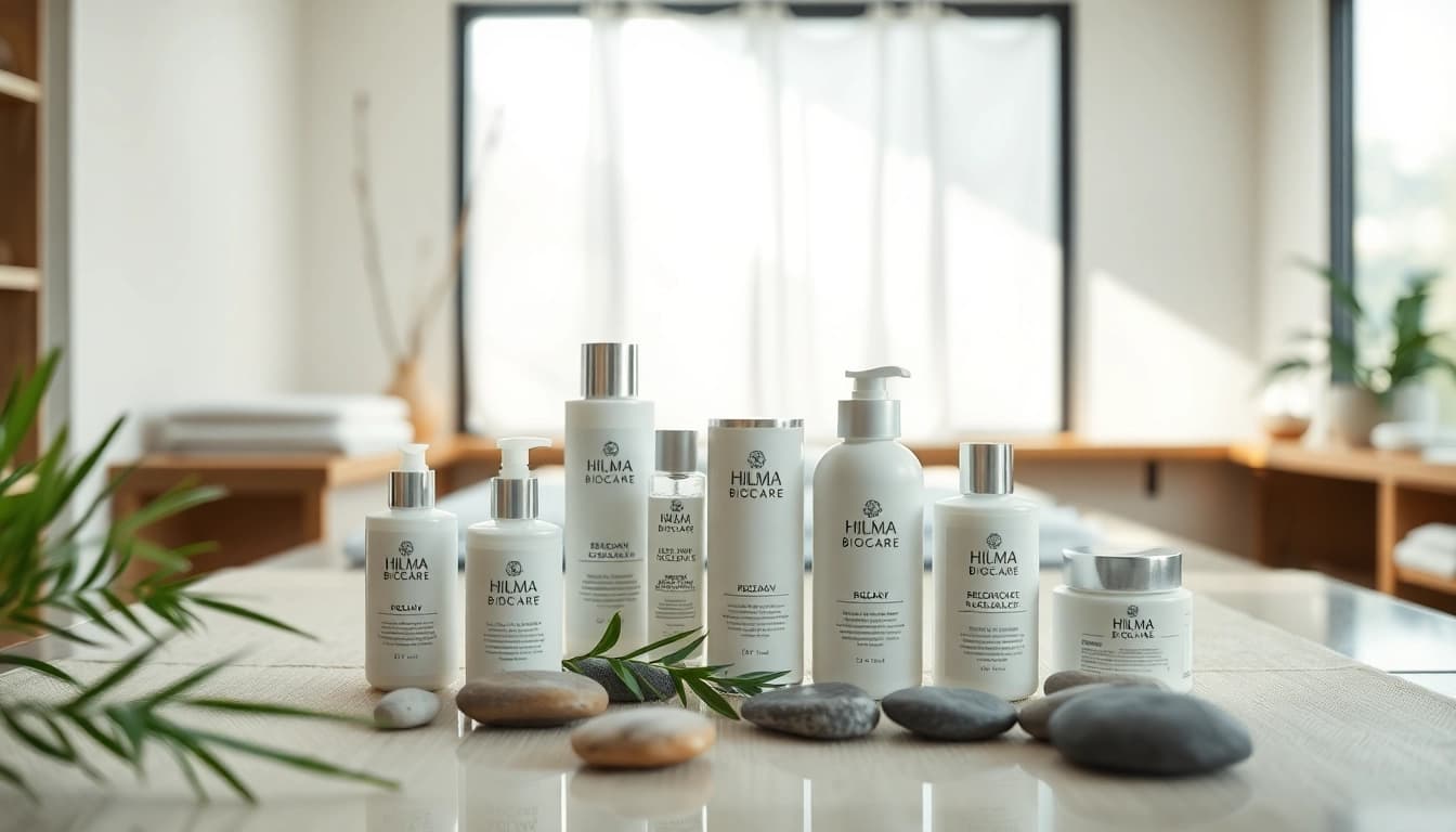 Hilma Biocare Produkte auf einem stilvollen Wellness-Tisch mit natürlichen Elementen.