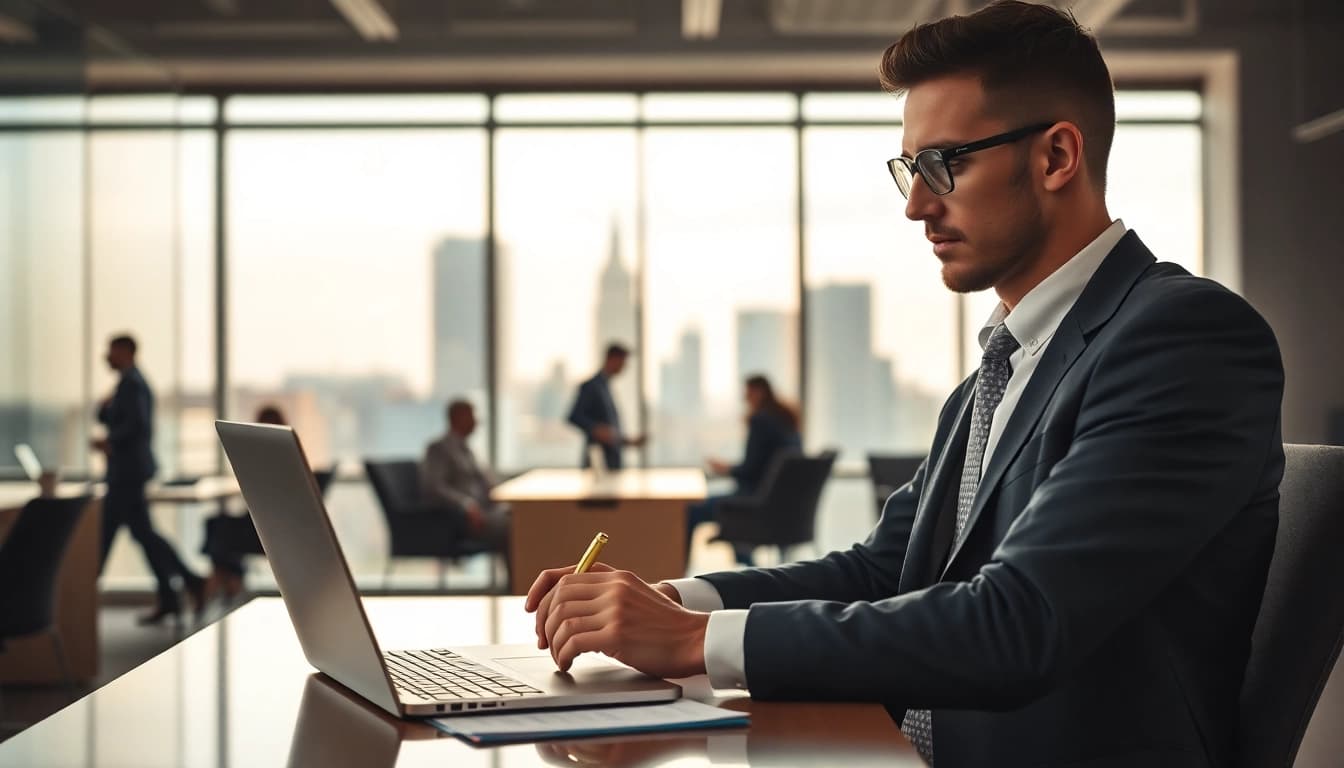Headhunter bei der Talentakquise in einem modernen Büro mit Laptop und Notizen.