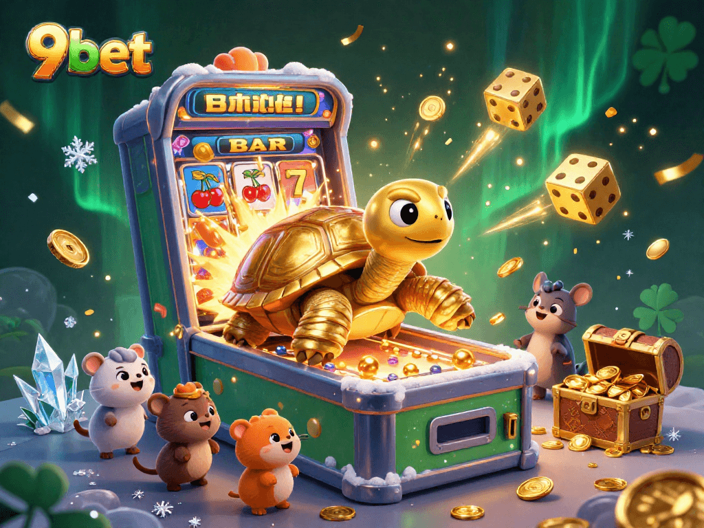 Experience the excitement with 9bet, featuring a colossal tortoise playing casino games with vibrant elements.