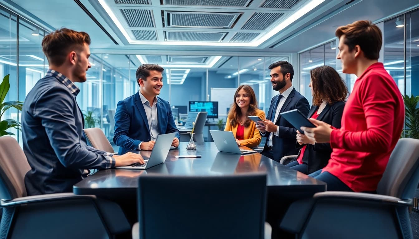 Headhunter IT-Team diskutiert Strategie in modernem Büro.