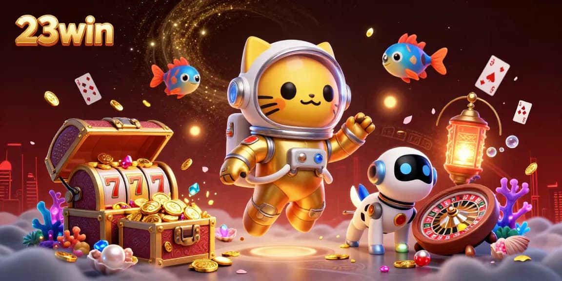 Experience the thrill of 23win with a joyful astronaut cat and fun gaming elements in a vibrant casino scene.