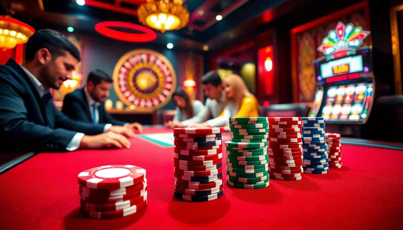 Experience the thrill of rr88 with vibrant poker chips and a high-stakes poker table in a luxurious casino.