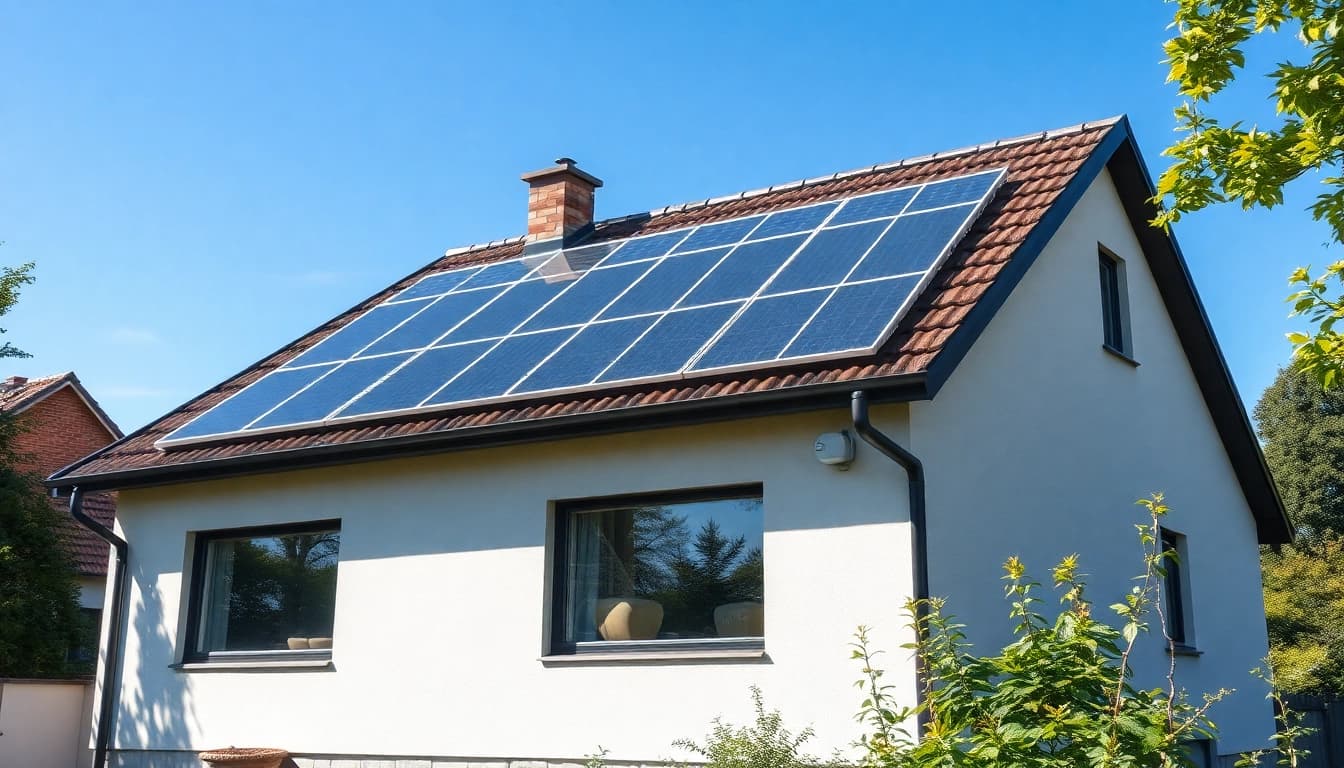 Visualisieren Sie Solaranlage Preise am modernen Eigenheim mit effizienter Solaranlagentechnologie auf dem Dach.