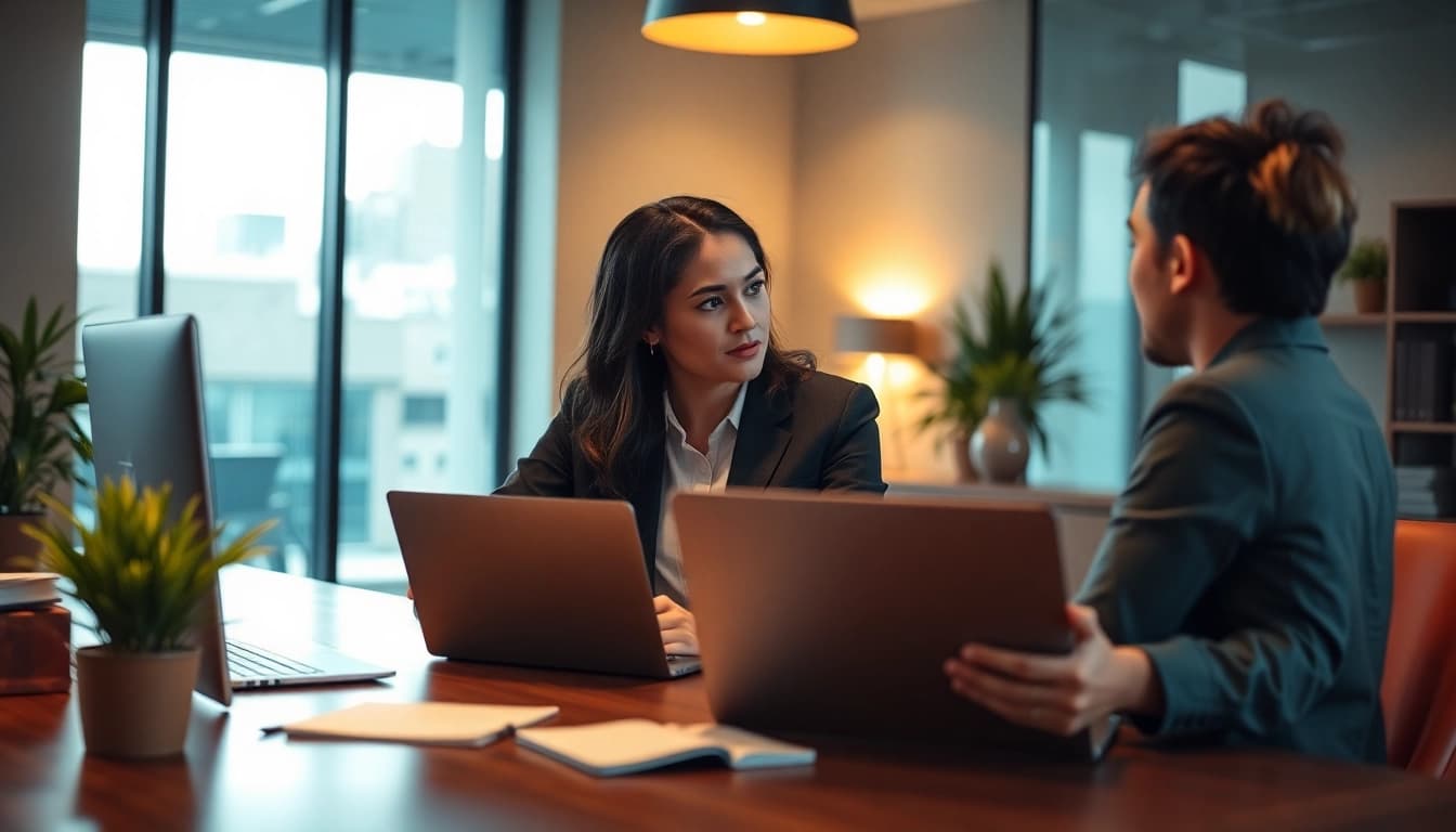 Headhunter consulting with a candidate in a modern office environment.