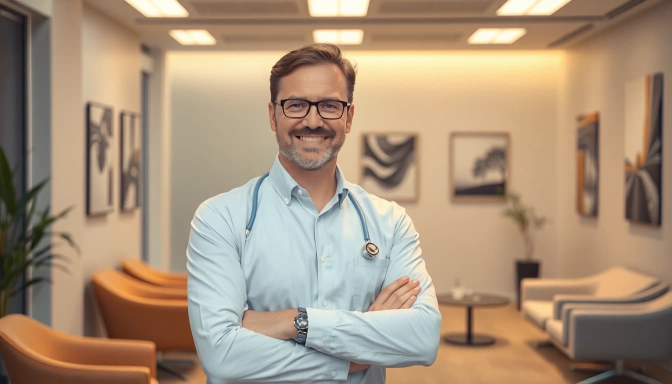 Berater für Unternehmensberatung Pflegedienst präsentiert innovative Lösungen in modernem Büro.