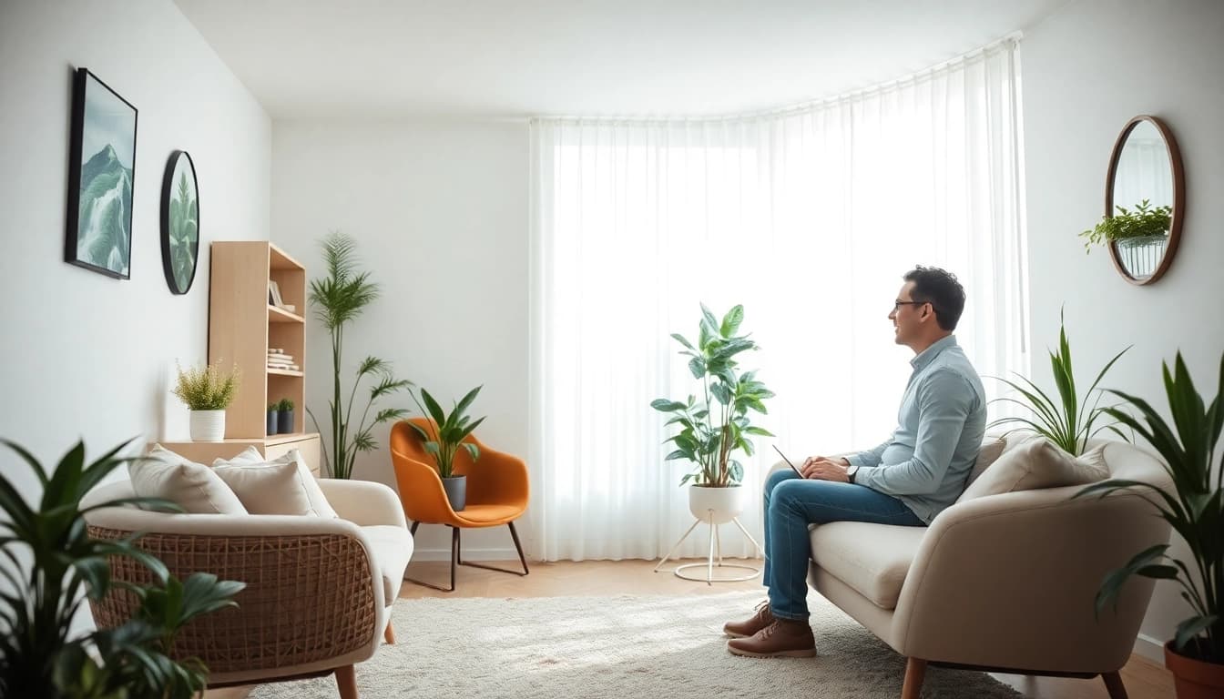 Hypnoseinstitut: Therapeutische Sitzung zwischen Hypnotherapeut und Klient in einem beruhigenden Raum.