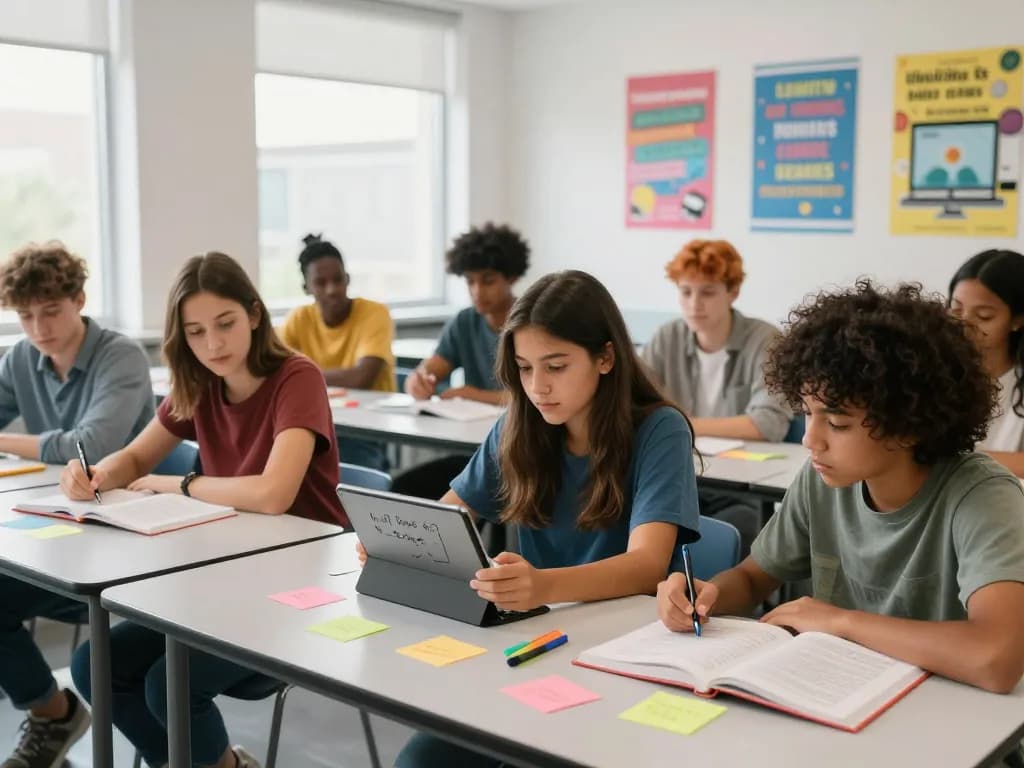 Studierende, die in einem hellen Klassenraum mit Hausaufgaben Löser an kollaborativem Lernen arbeiten.