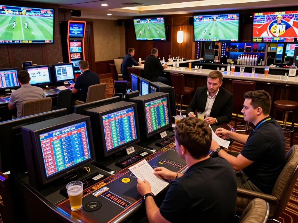 Soi kèo strategies unfolding at a busy sports betting venue, bettors reviewing slips.