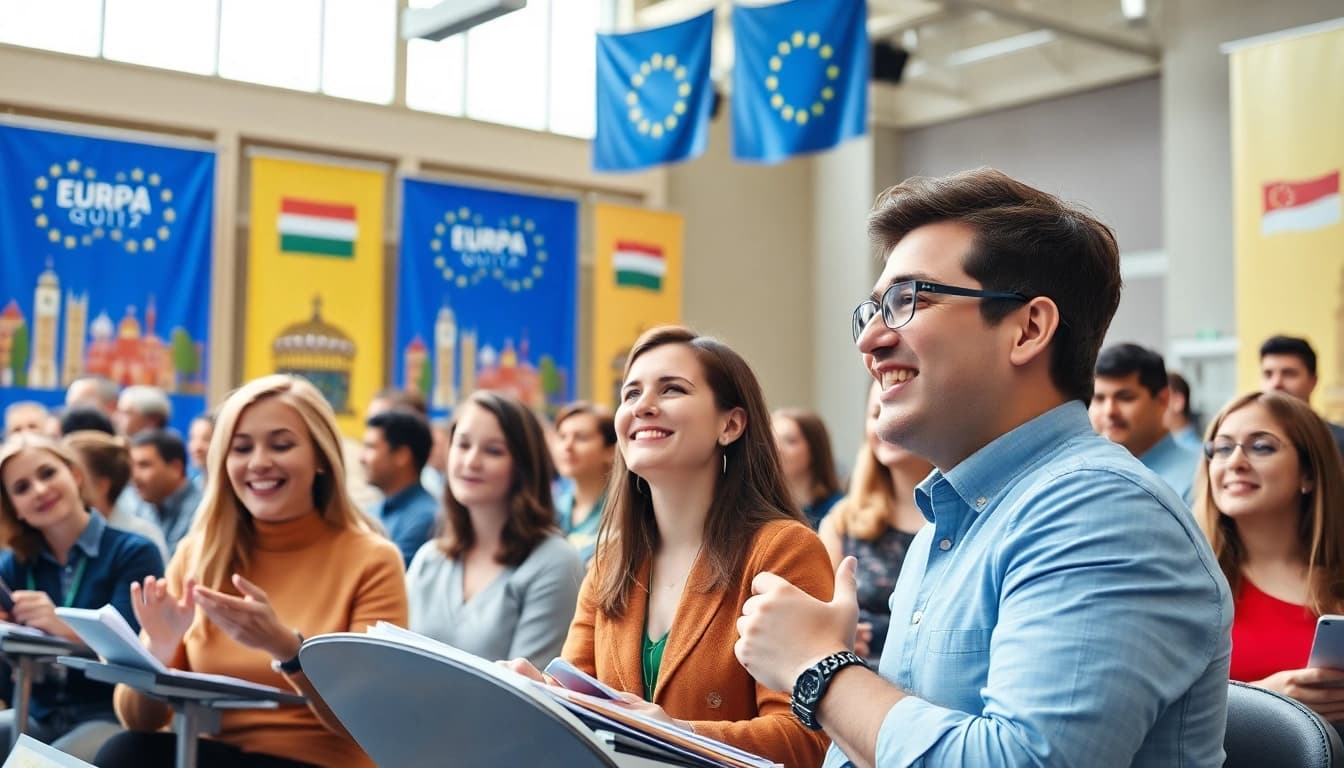 Engaging participants in Europa Quiz competition with vibrant European flags and cultural elements.