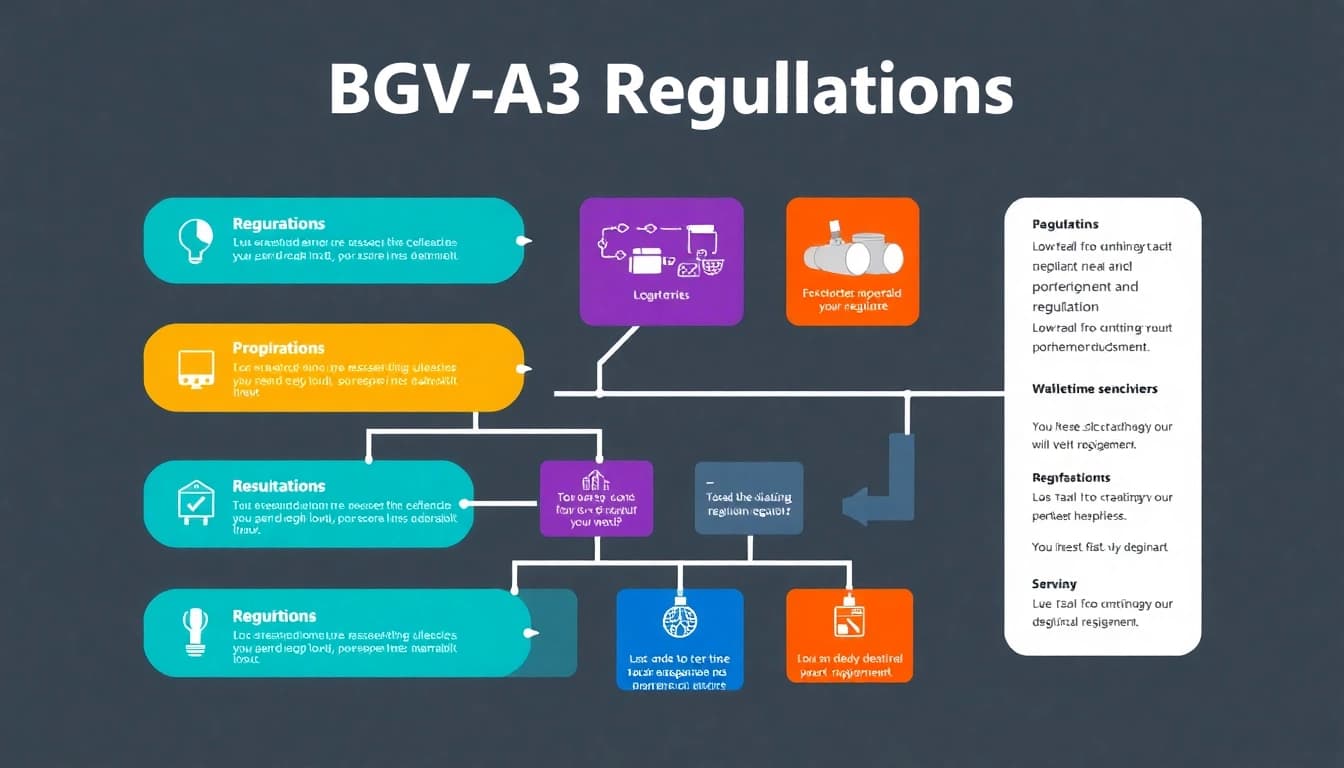 Illustrate BGV A3 safety guidelines for electrical installations, featuring key regulations and checklists in a clear design.