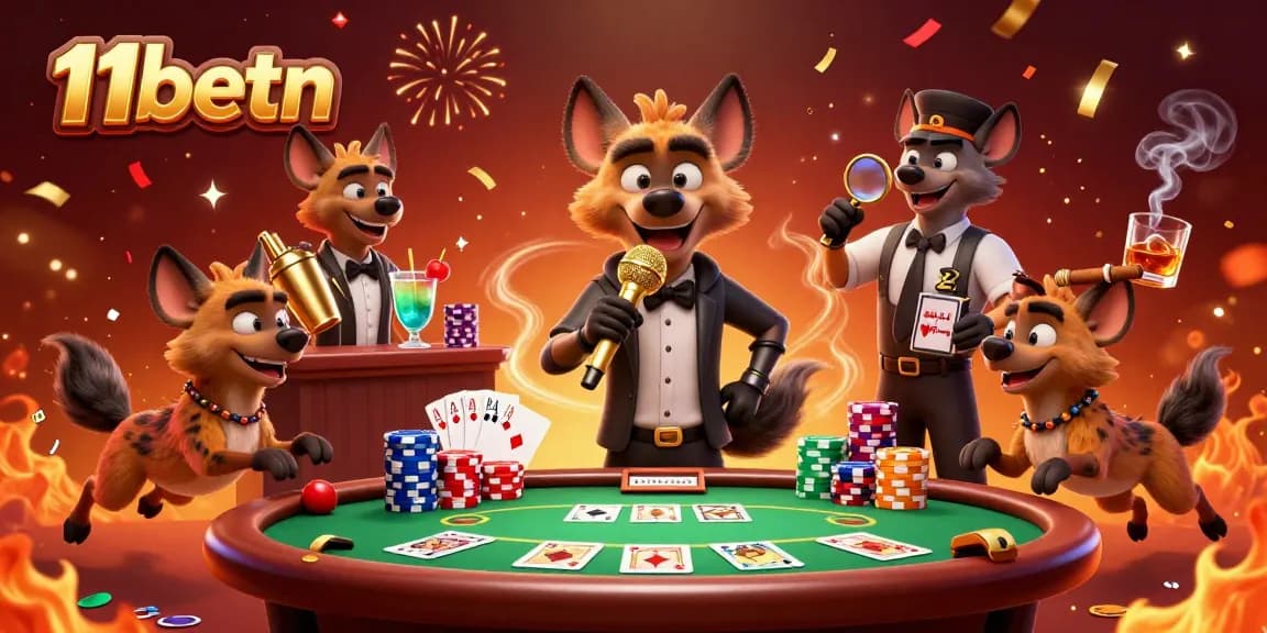 Engaging hyenas at 11betn create a lively atmosphere in a casino club with vibrant poker elements.
