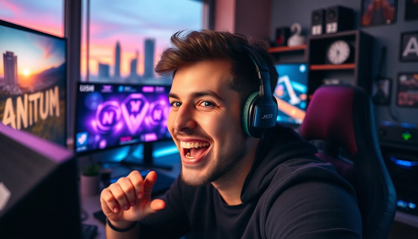 Twitch Streamer Österreich interagiert am Gaming-Setup mit energetischer Ausstrahlung.