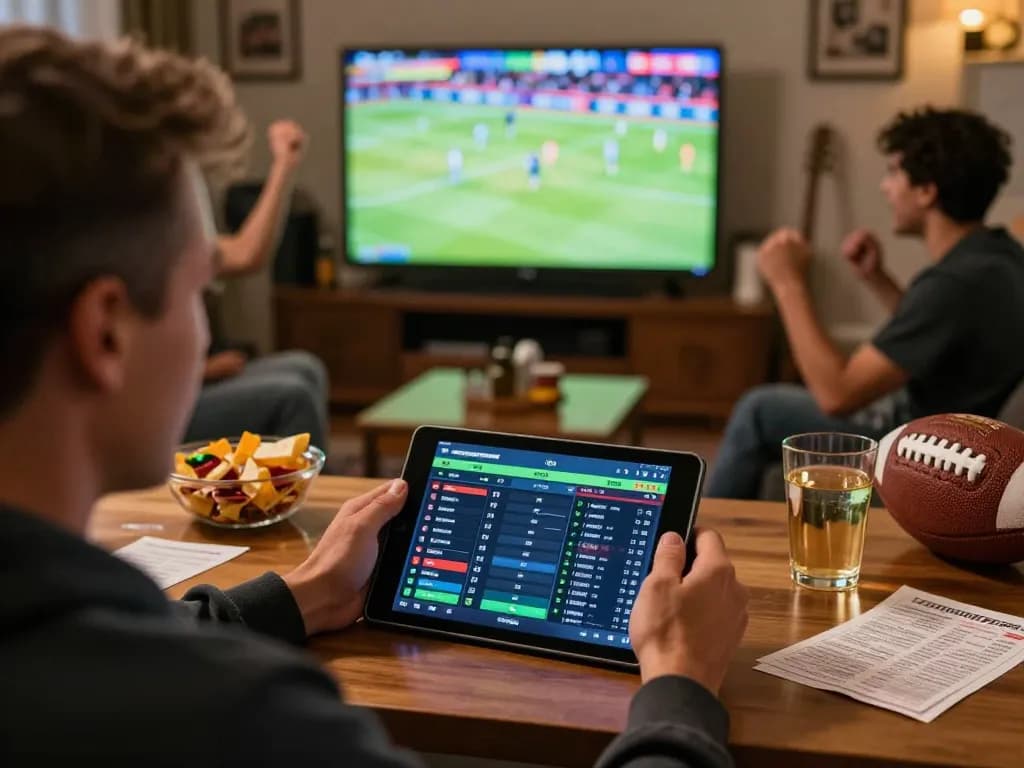 Analyzing tỷ lệ nhà cái on a tablet during live sports betting in a lively home setting.