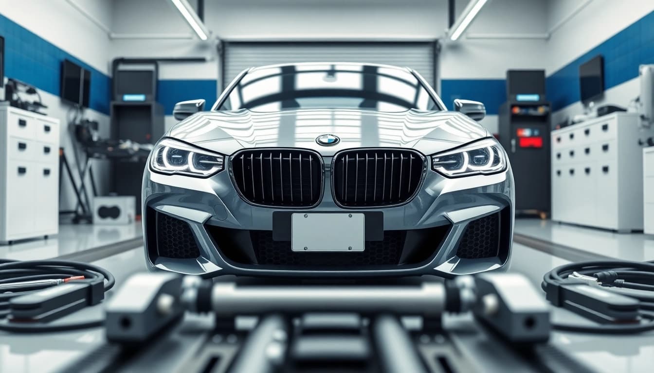 BMW Codierung in einem modernen Workshop mit fortschrittlichen Tools und einem eleganten BMW.