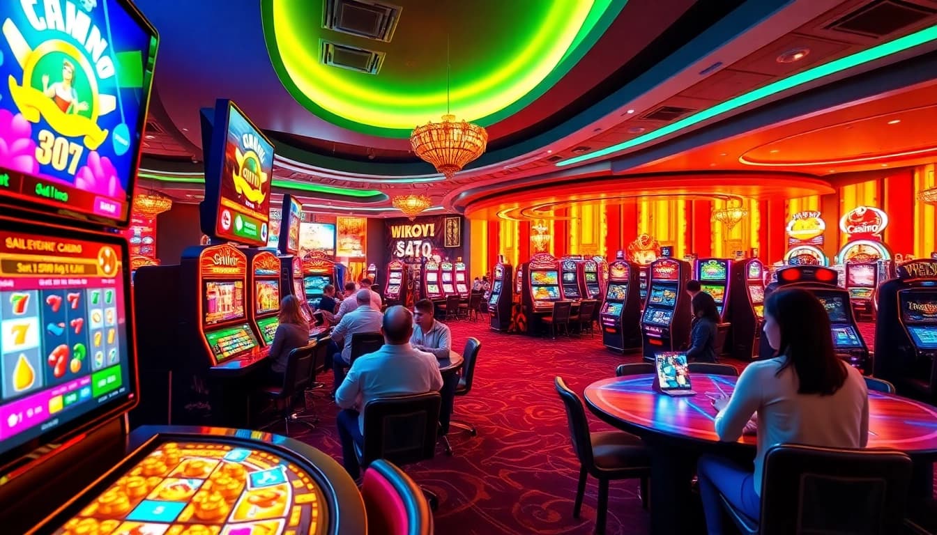 Experience thrilling online casino games with players engaging in vibrant digital slots and table games in a safe environment.