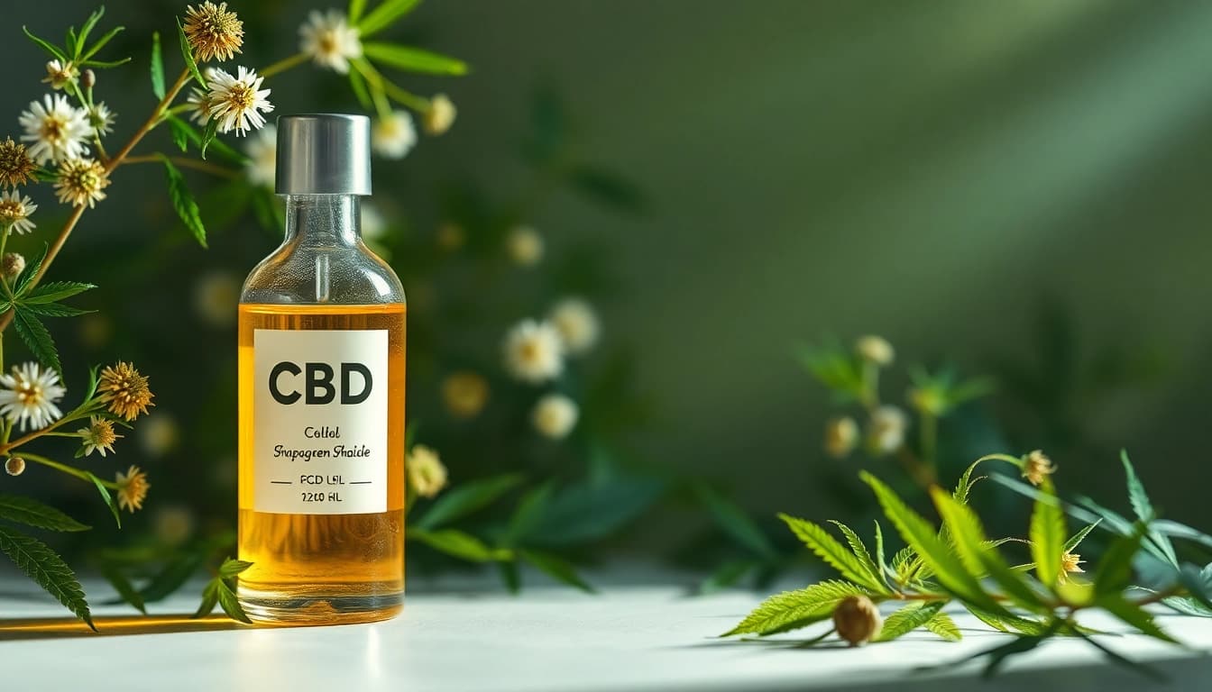 CBD Öl in einer eleganten Flasche, umgeben von frischen Hanfpflanzen, strahlt Reinheit und Natürlichkeit aus.