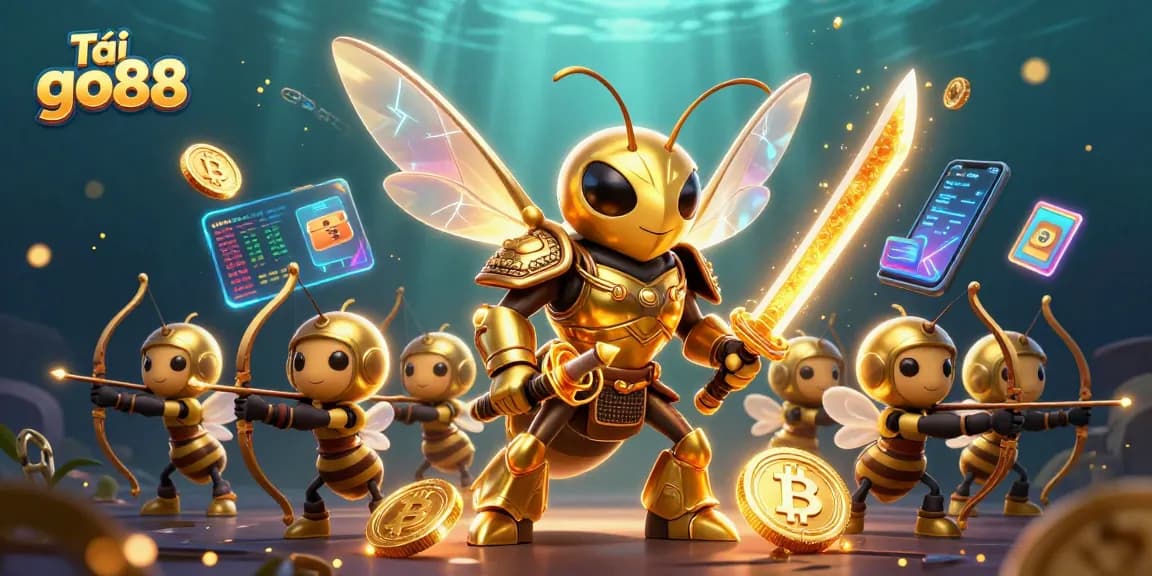 Tải go88 and experience dynamic gaming with vibrant golden hornet samurai and crypto elements.